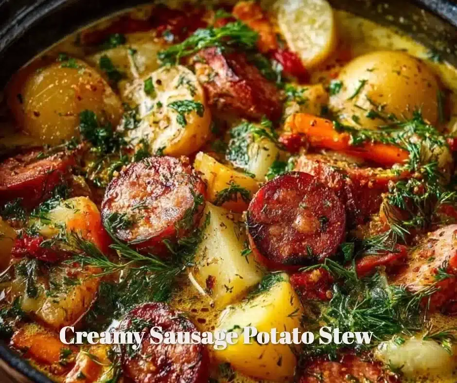 Creamy Sausage Potato Stew 1 Creamy sausage potato stew served in a bowl with fresh herbs on top.