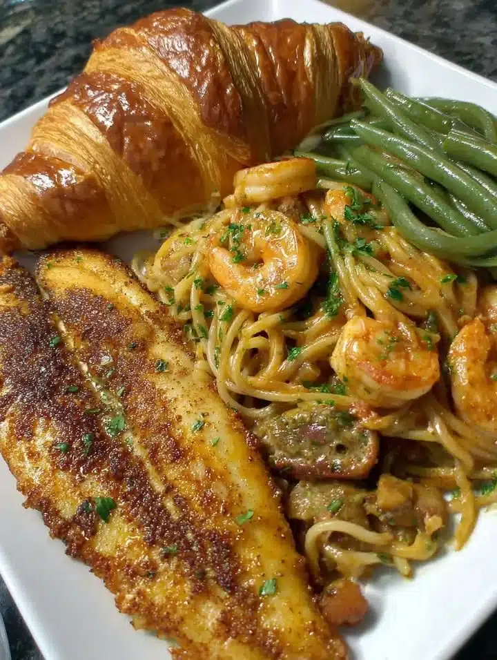 Creamy shrimp spaghetti with sausage served on a plate
