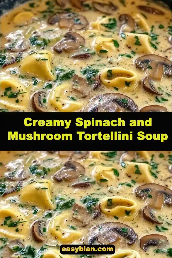 Bowl of creamy spinach and mushroom tortellini soup garnished with herbs.