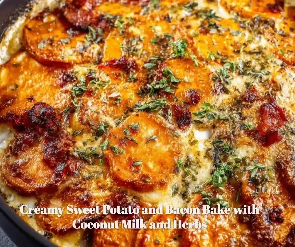 Creamy Sweet Potato and Bacon Bake with Coconut Milk and Herbs 1 Creamy sweet potato and bacon bake with coconut milk topped with fresh herbs