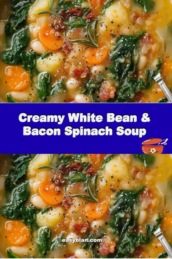 Bowl of creamy white bean soup with spinach and bacon garnished with herbs.