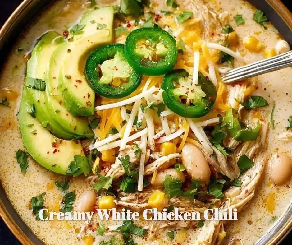 Bowl of creamy white chicken chili topped with fresh cilantro and lime.