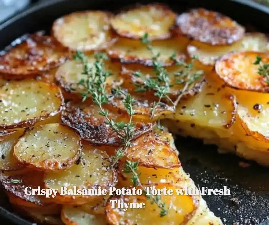 Crispy Balsamic Potato Torte with Fresh Thyme 1 Crispy balsamic potato torte garnished with fresh thyme in a serving dish.