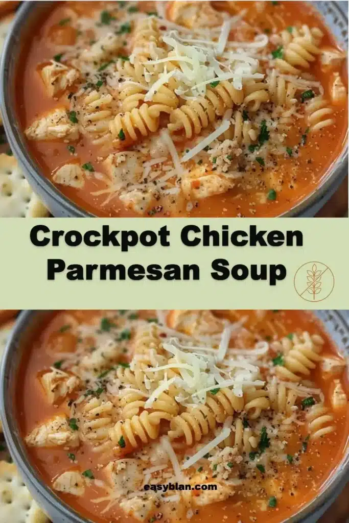 Bowl of Crockpot Chicken Parmesan Soup garnished with parsley