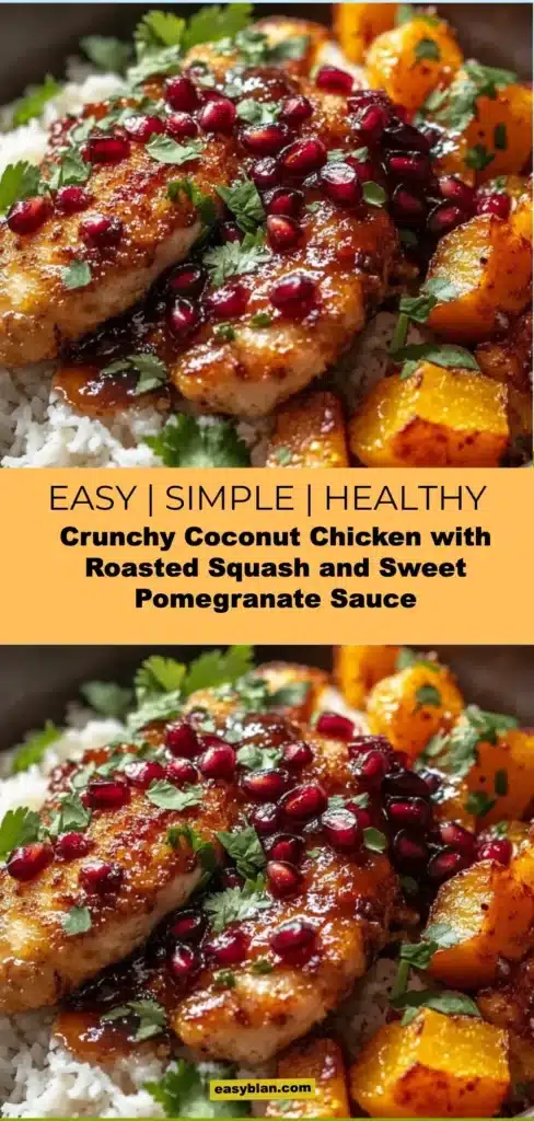 Crunchy coconut chicken served with roasted squash and sweet pomegranate sauce