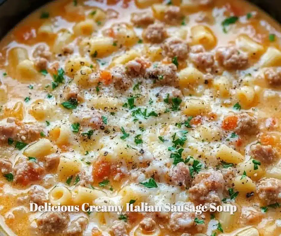 Bowl of creamy Italian sausage soup garnished with herbs
