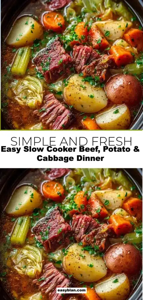 Slow cooker beef, potato, and cabbage dinner in a bowl