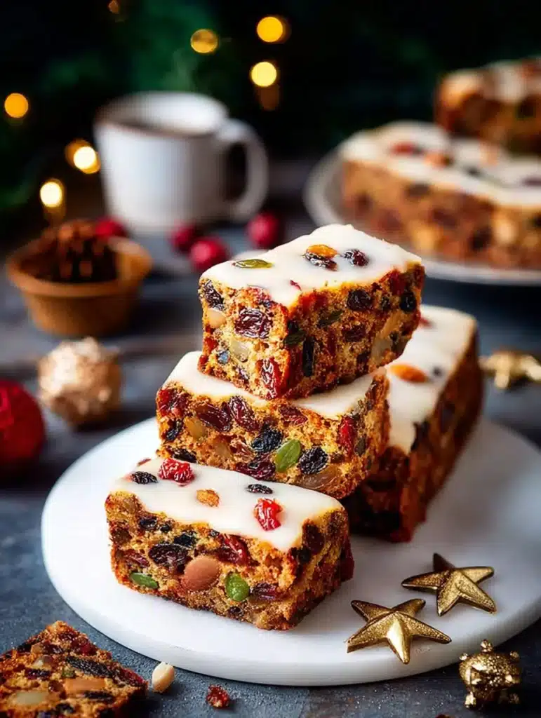 Delicious Christmas fruitcake traybake decorated with festive toppings