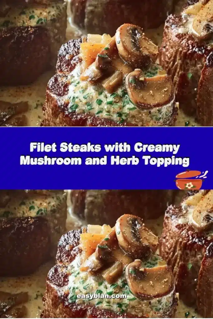 Juicy filet steaks with creamy mushroom and herb topping served on a plate.