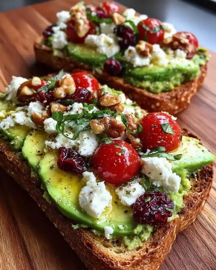 Delicious avocado feta toast topped with herbs on a plate