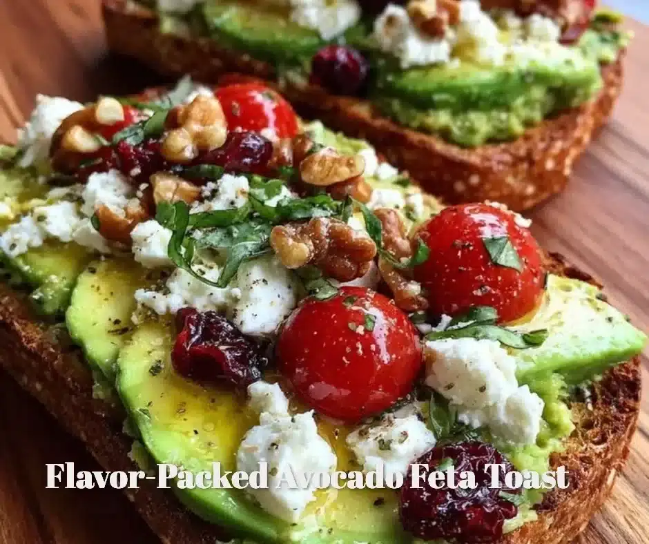 Delicious avocado feta toast topped with fresh herbs and spices