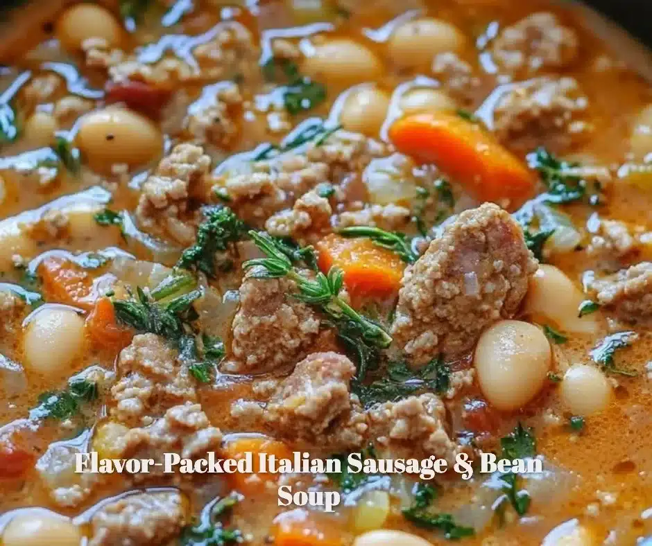 Bowl of flavor-packed Italian sausage soup with beans and fresh herbs