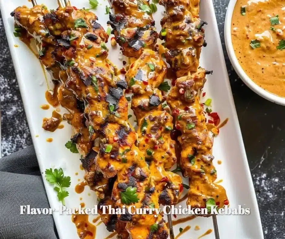 Juicy Thai curry chicken kebabs grilled to perfection with vibrant spices.