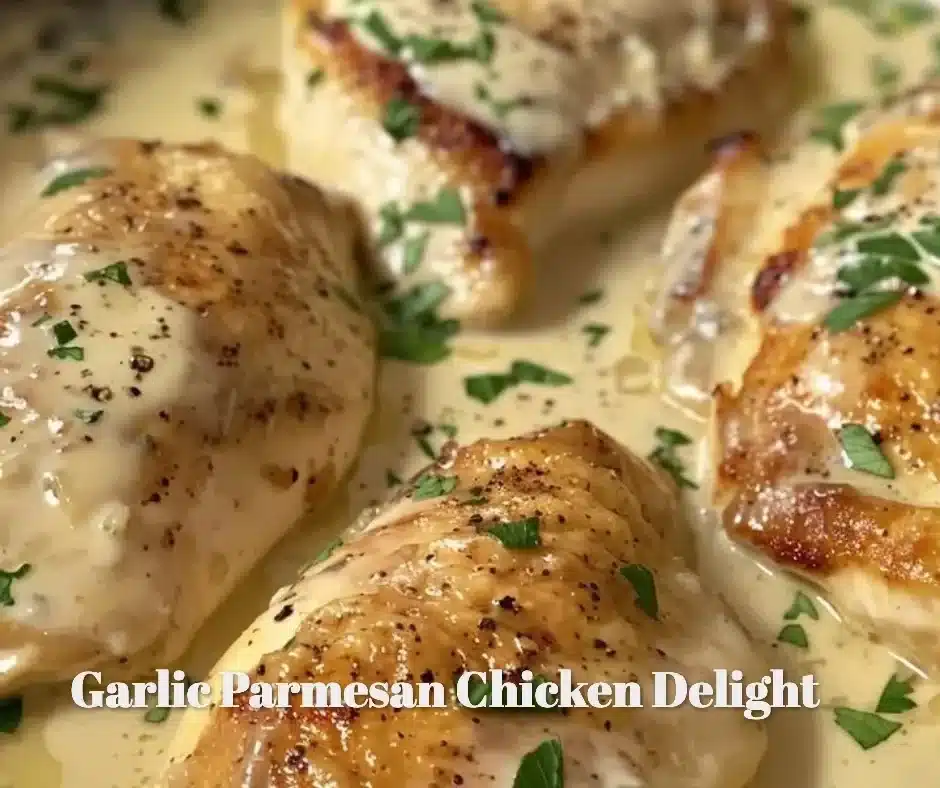 Delicious Garlic Parmesan Chicken Delight plated with herbs and spices.