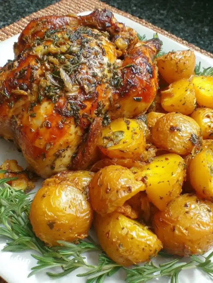 A delicious plate of garlic roasted chicken and potatoes garnished with herbs.