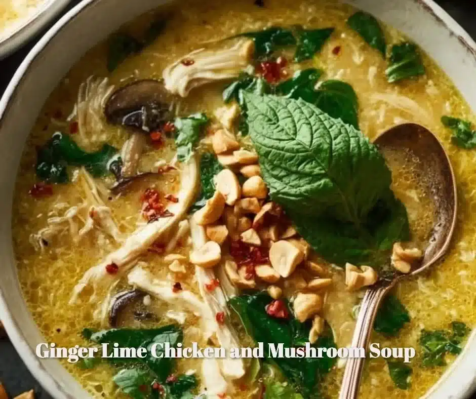 Bowl of Ginger Lime Chicken and Mushroom Soup garnished with herbs