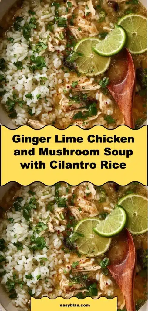 Bowl of Ginger Lime Chicken Soup with mushrooms and cilantro rice