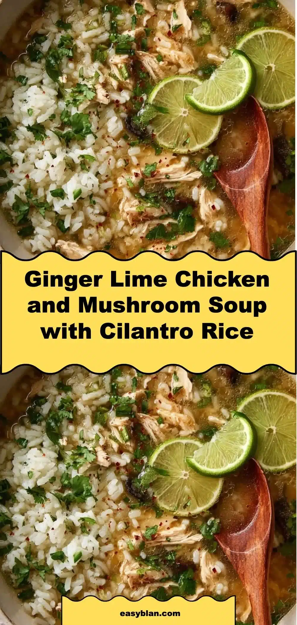 Bowl of Ginger Lime Chicken Soup with mushrooms and cilantro rice