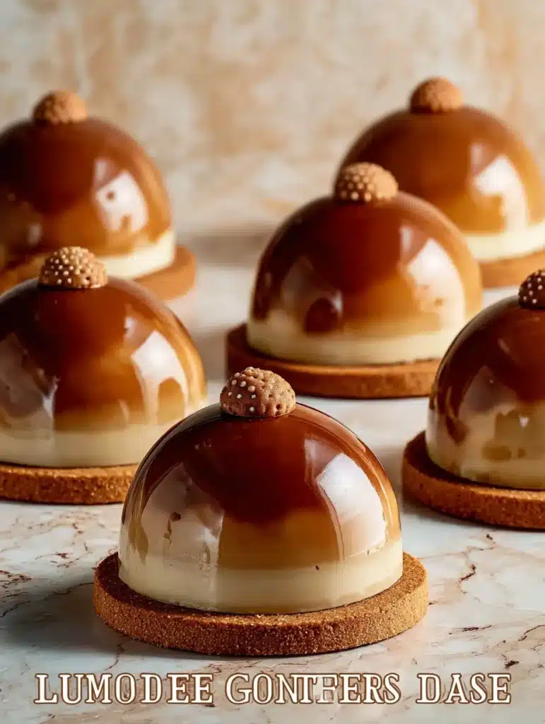 Gingerbread Latte Mousse Domes served on a festive plate with seasonal decorations.