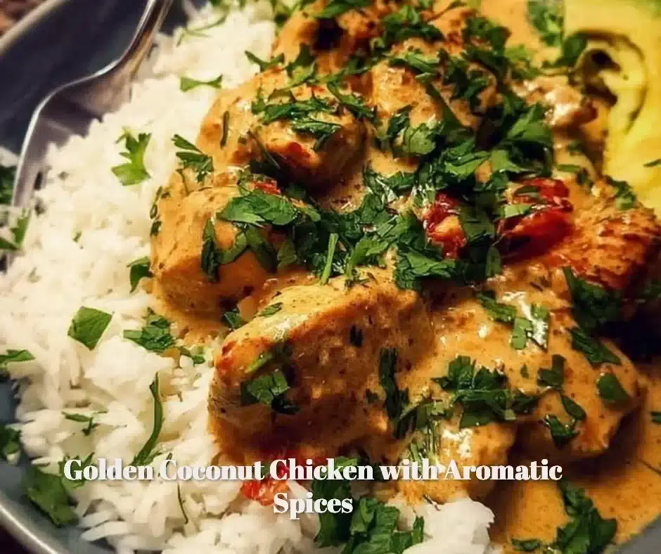 Golden Coconut Chicken garnished with aromatic spices on a plate