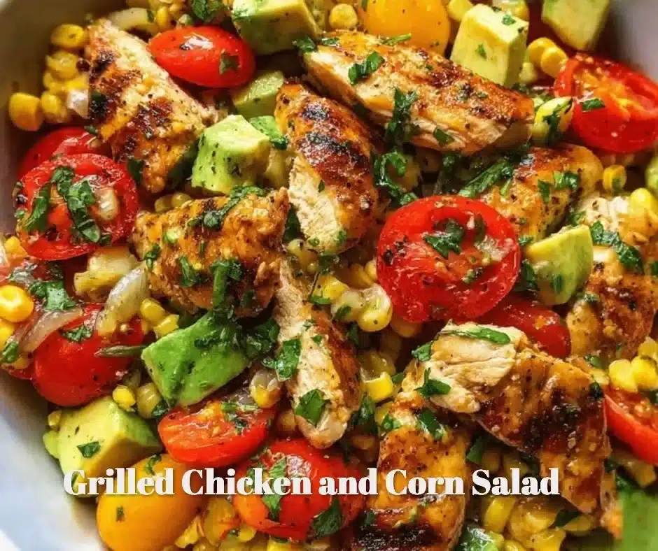 Grilled Chicken and Corn Salad 1 Delicious grilled chicken and corn salad in a bowl, garnished with fresh herbs.