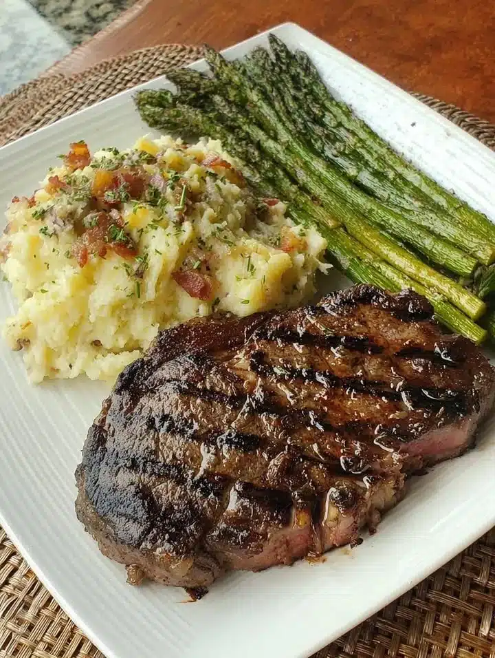 Grilled ribeye steak dinner plate with sides and garnishes