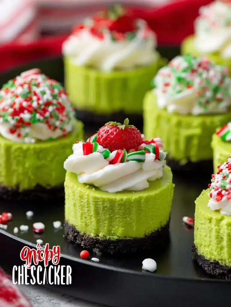 Grinch Mini Cheesecakes decorated for Christmas