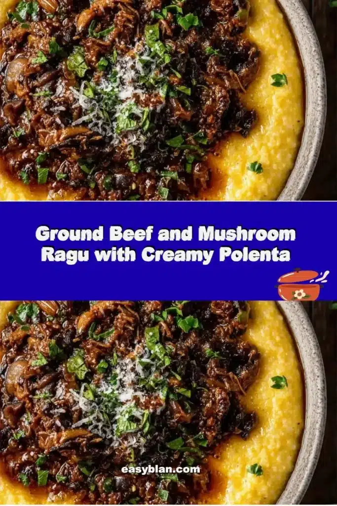 Ground beef and mushroom ragu served with creamy polenta on a white plate