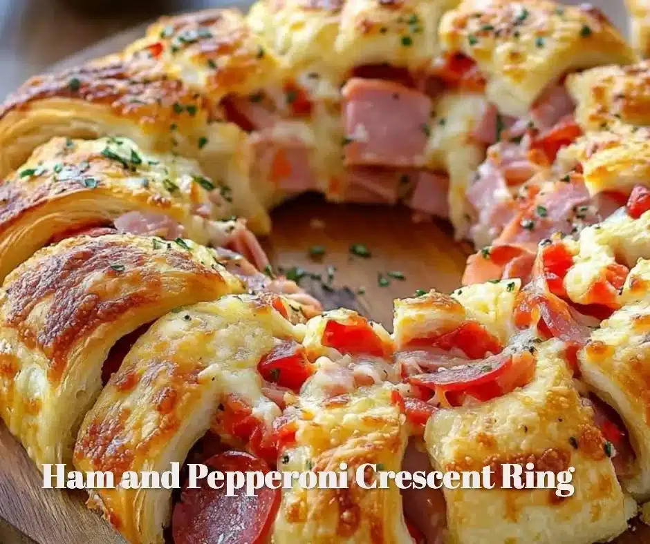 Ham and Pepperoni Crescent Ring 1 Ham and Pepperoni Crescent Ring ready to serve, showcasing savory layers of meats.