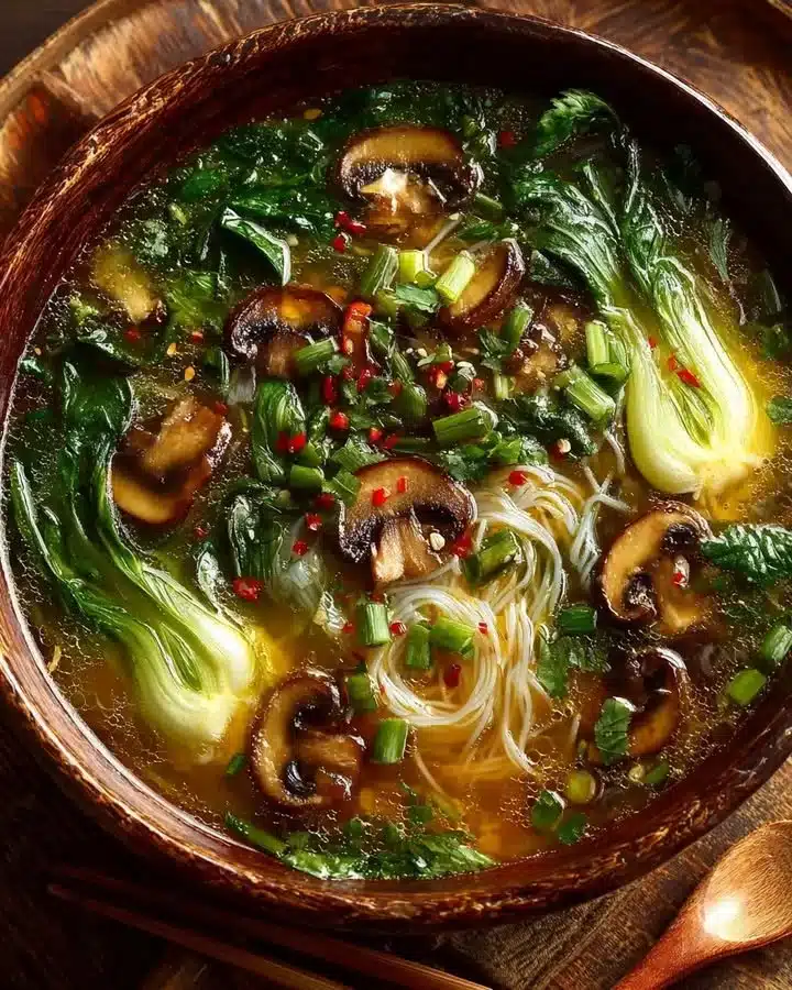 Healing Ginger Garlic Broth with Rice Noodles 1 Healing Ginger Garlic Broth with Rice Noodles in a bowl, garnished with herbs.