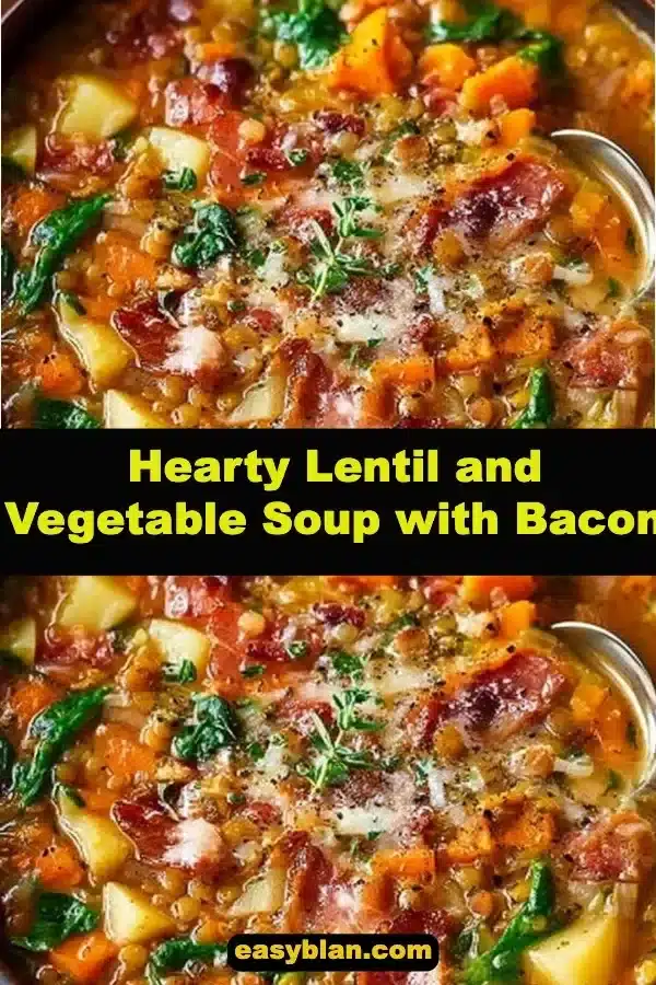 Bowl of hearty lentil and vegetable soup with bacon garnished with herbs