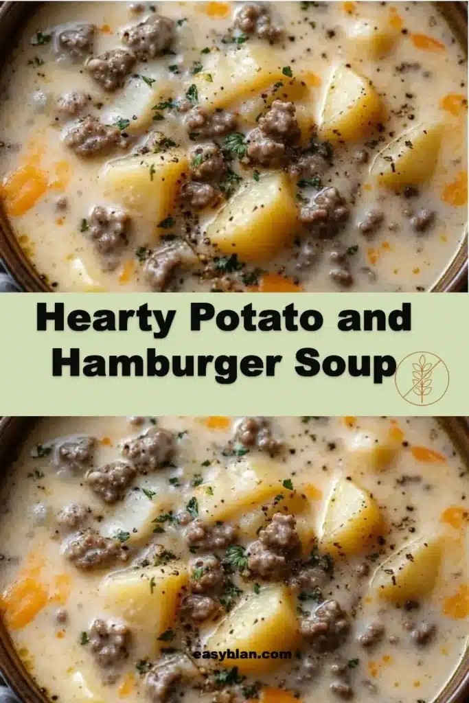 Bowl of hearty potato and hamburger soup garnished with herbs