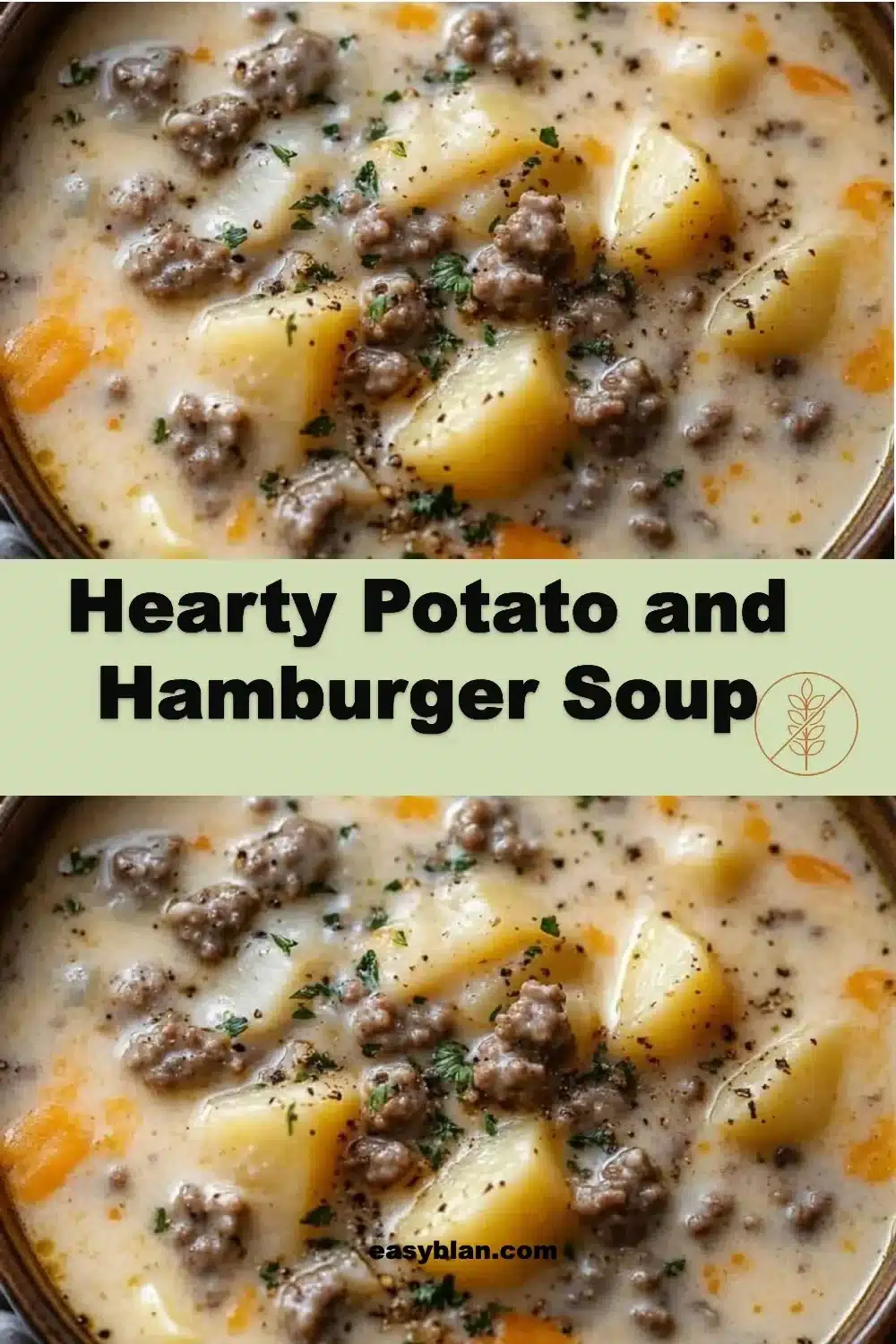 Hearty Potato and Hamburger Soup 1 Bowl of hearty potato and hamburger soup garnished with herbs
