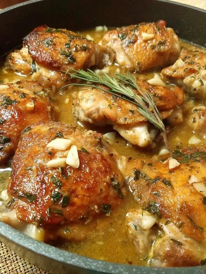 Herb and Garlic Braised Chicken served on a plate with fresh herbs