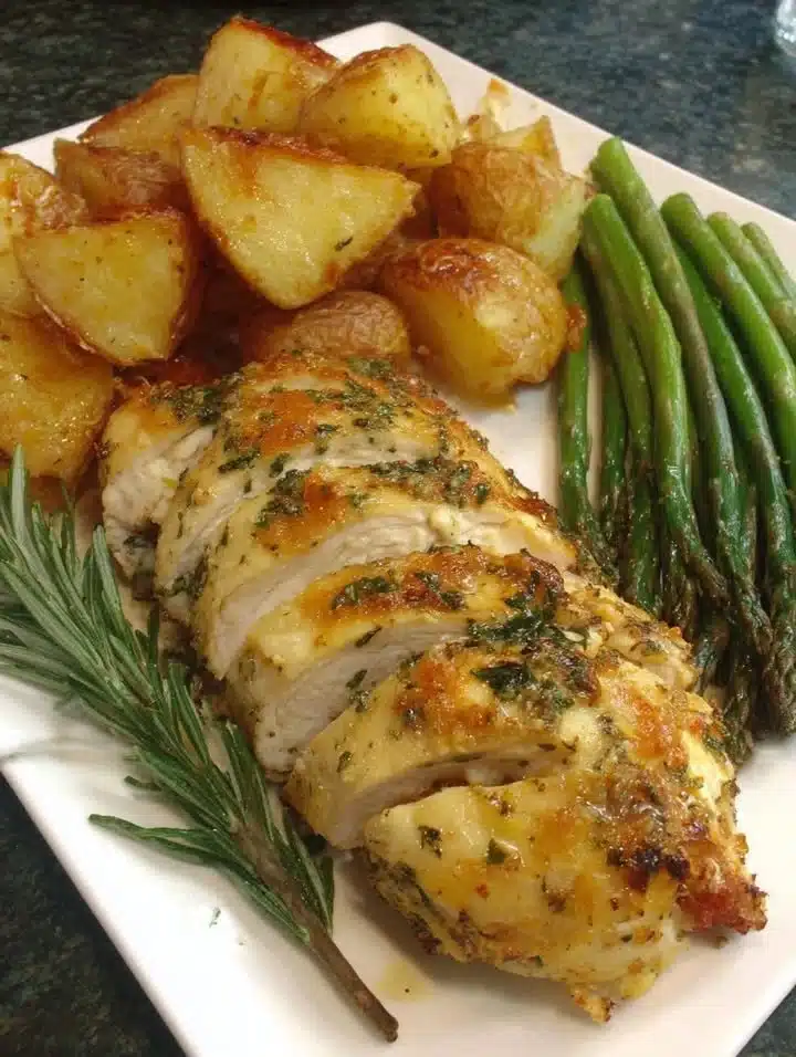 Herb-roasted chicken with roasted potatoes and asparagus on a plate
