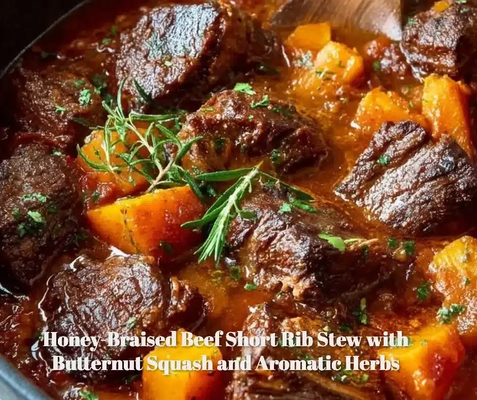Honey-Braised Beef Short Rib Stew with Butternut Squash and Aromatic Herbs 1 Honey-braised beef short rib stew with butternut squash and serving herbs