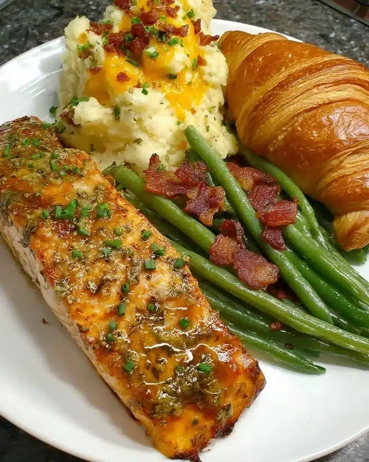 Delicious honey herb glazed salmon served with vegetables on a plate