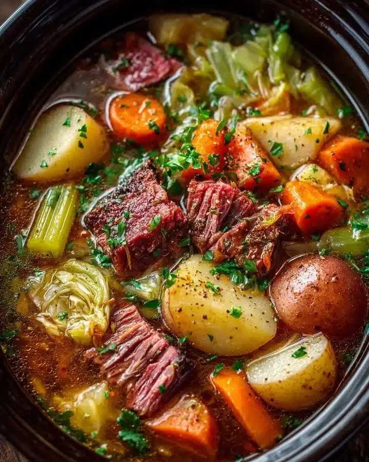 Delicious Irish-Style Corned Beef and Cabbage Stew in a bowl