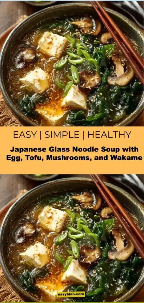 Bowl of Japanese glass noodle soup with egg, tofu, mushrooms, and wakame