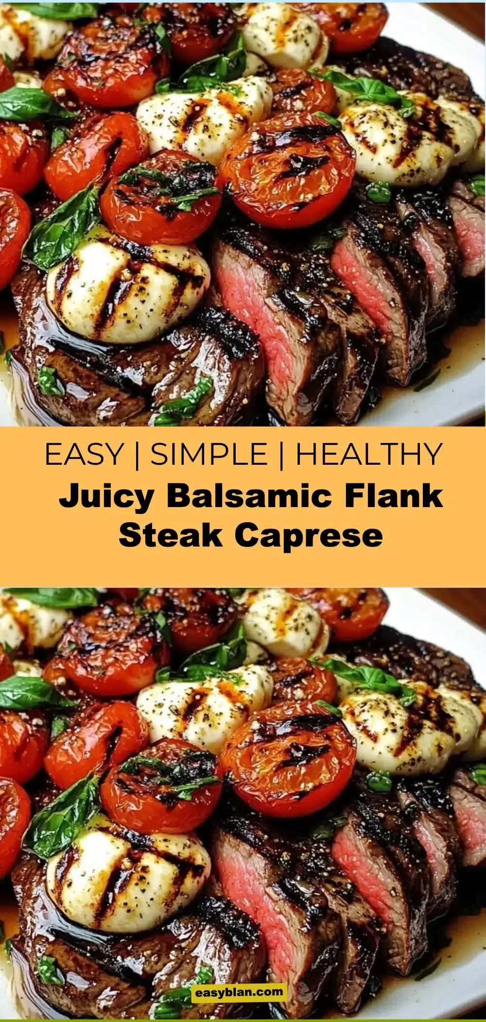 Juicy Balsamic Flank Steak Caprese 1 Juicy balsamic flank steak caprese served on a plate with fresh basil and mozzarella