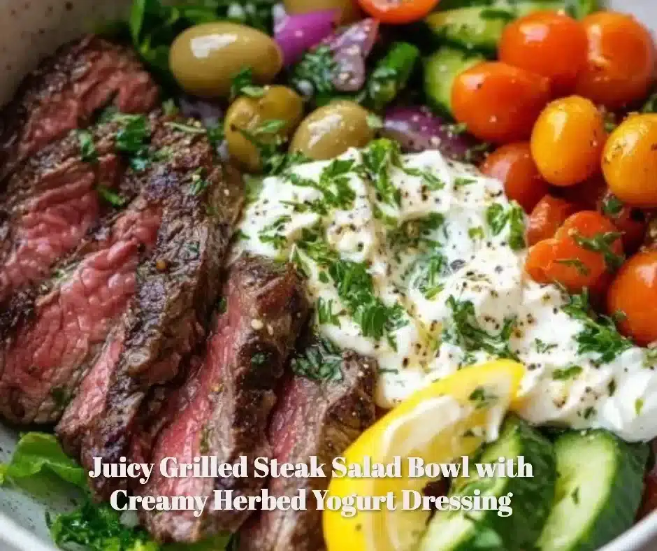 Juicy grilled steak salad bowl with creamy herbed yogurt dressing