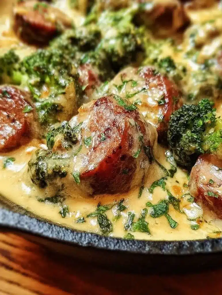 Keto Broccoli Cauliflower Au Gratin with Sausage served in a baking dish