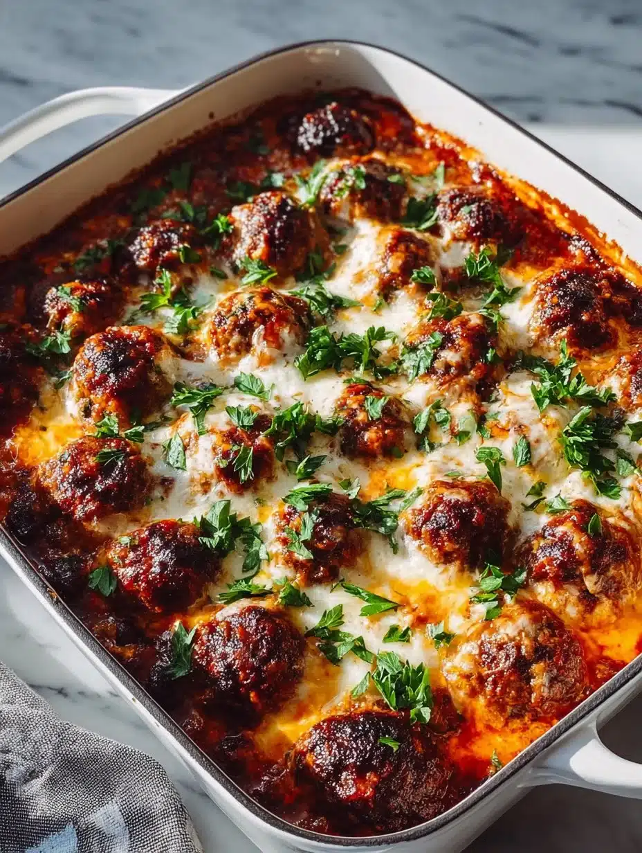 Keto Meatball Parmesan Casserole 1 Keto Meatball Parmesan Casserole topped with cheese and herbs