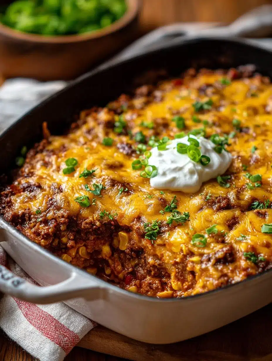 Keto Taco Casserole 1 Keto Taco Casserole topped with cheese and avocado served in a dish.