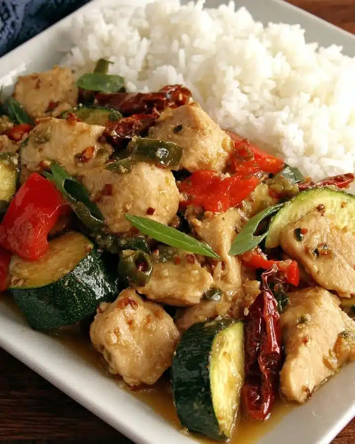 Plate of Kung Pao Chicken with peanuts and vegetables