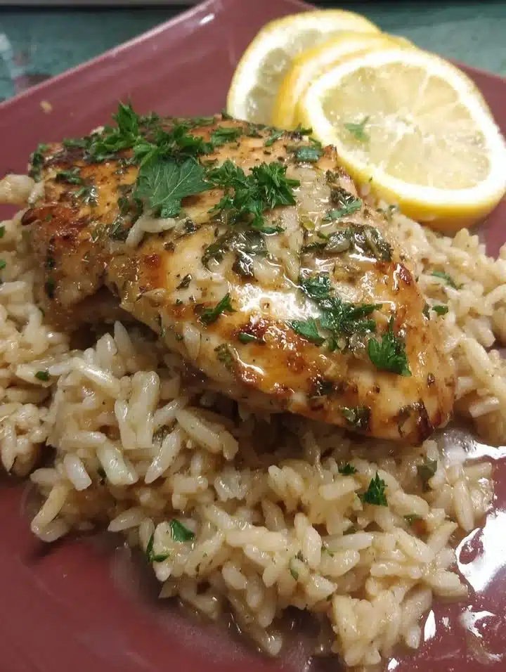 Lemon Herb Chicken served with garlic butter rice on a plate