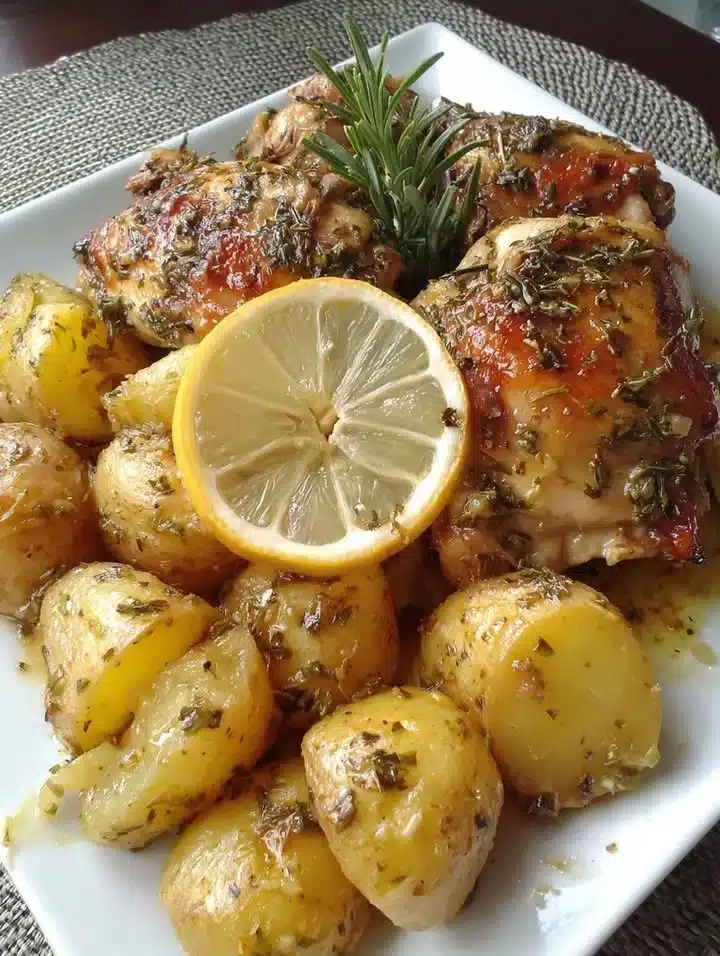 Lemon Herb Roasted Chicken with Potatoes 1 Lemon Herb Roasted Chicken served with crispy potatoes on a plate