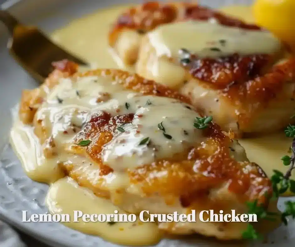 Lemon pecorino crusted chicken served on a white plate with fresh herbs
