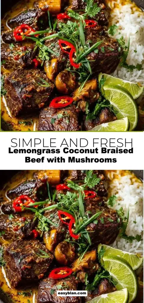 Lemongrass coconut braised beef with mushrooms served on a plate