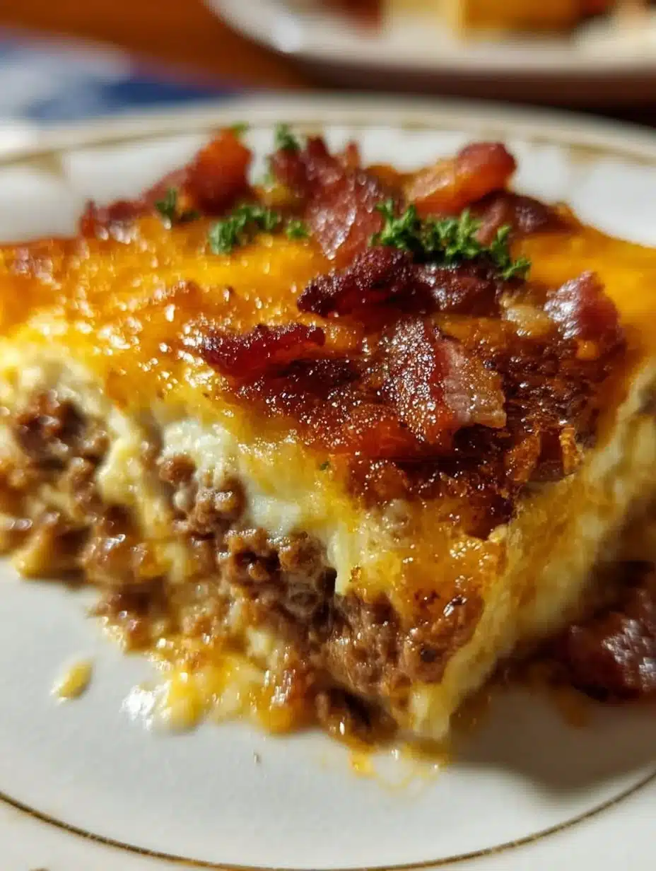 Low-Carb Bacon Cheeseburger Casserole 1 Low-carb bacon cheeseburger casserole served on a plate